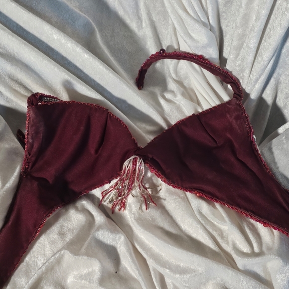 Bra belt belly dance red silver beaded set handmade egyptian - Picture 2 of 11